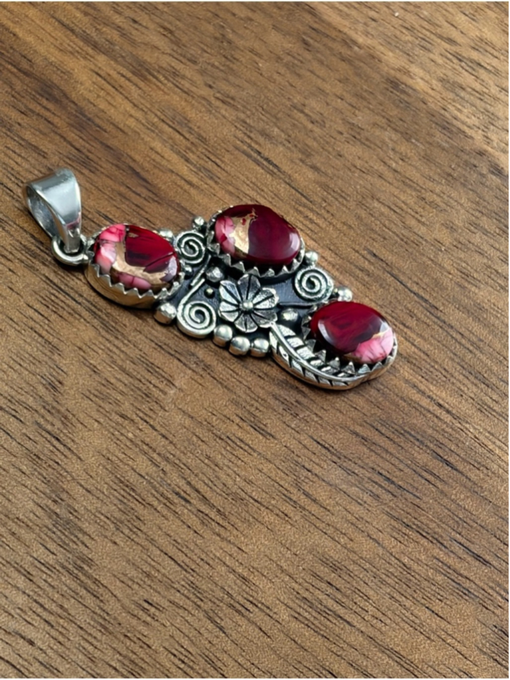 Southwest Pure Sterling Silver 925 Red Rose Dahlia Kingman Turquoise Pendant New - Picture 5 of 9